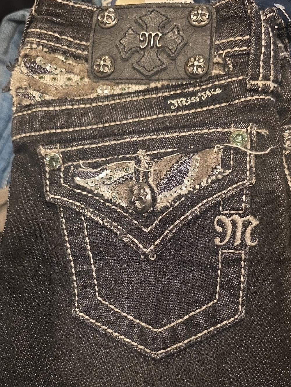 Miss Me black dark wash sequin embellished pocket jeans